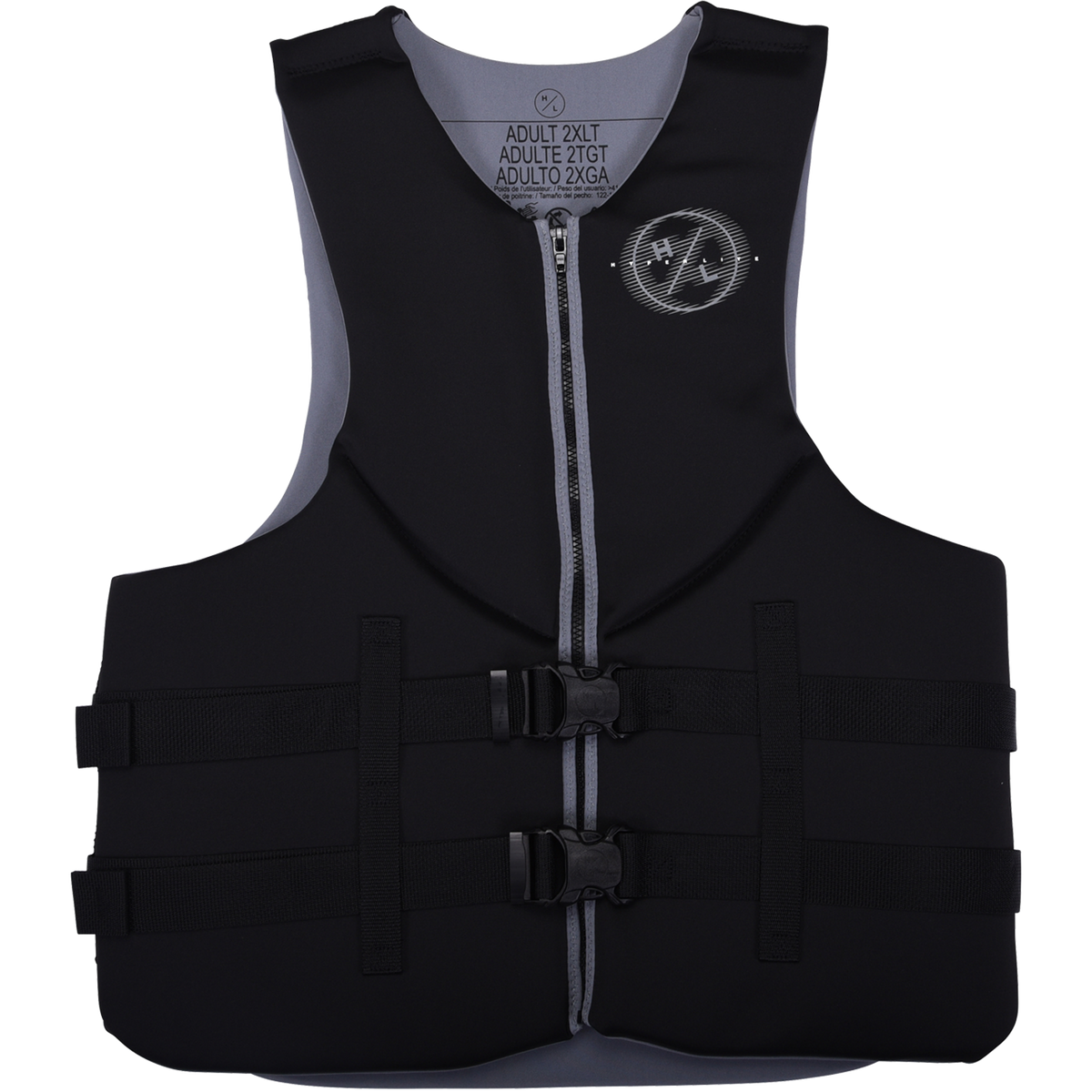 Mens Indy Big & Tall CGA vest, black/gray; USCG approved, with buckles and zipper.