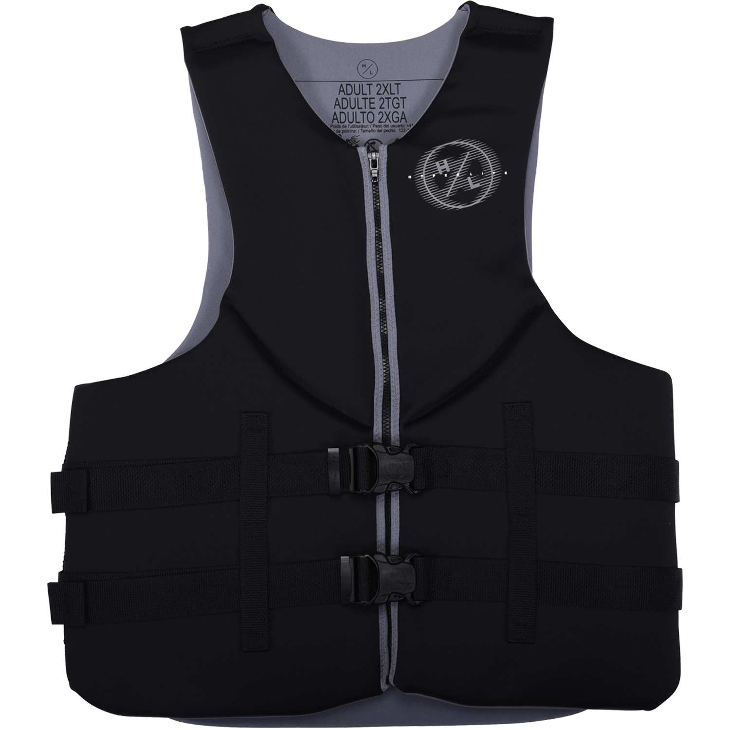 Mens Indy Big & Tall CGA vest, black/gray; USCG approved, with buckles and zipper.