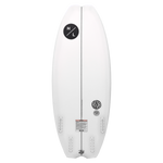 The ARC by Lost Surfboards, white with black logo and quad fin, viewed from the top.