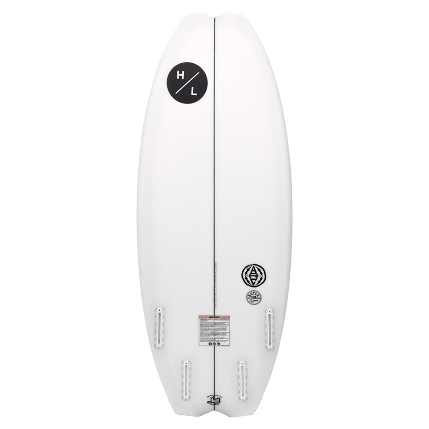 The ARC by Lost Surfboards, white with black logo and quad fin, viewed from the top.