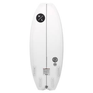 The ARC by Lost Surfboards, white with black logo and quad fin, viewed from the top.