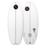 Top and base of white ARC wakeboard with black logos and multiple quad fin slots.