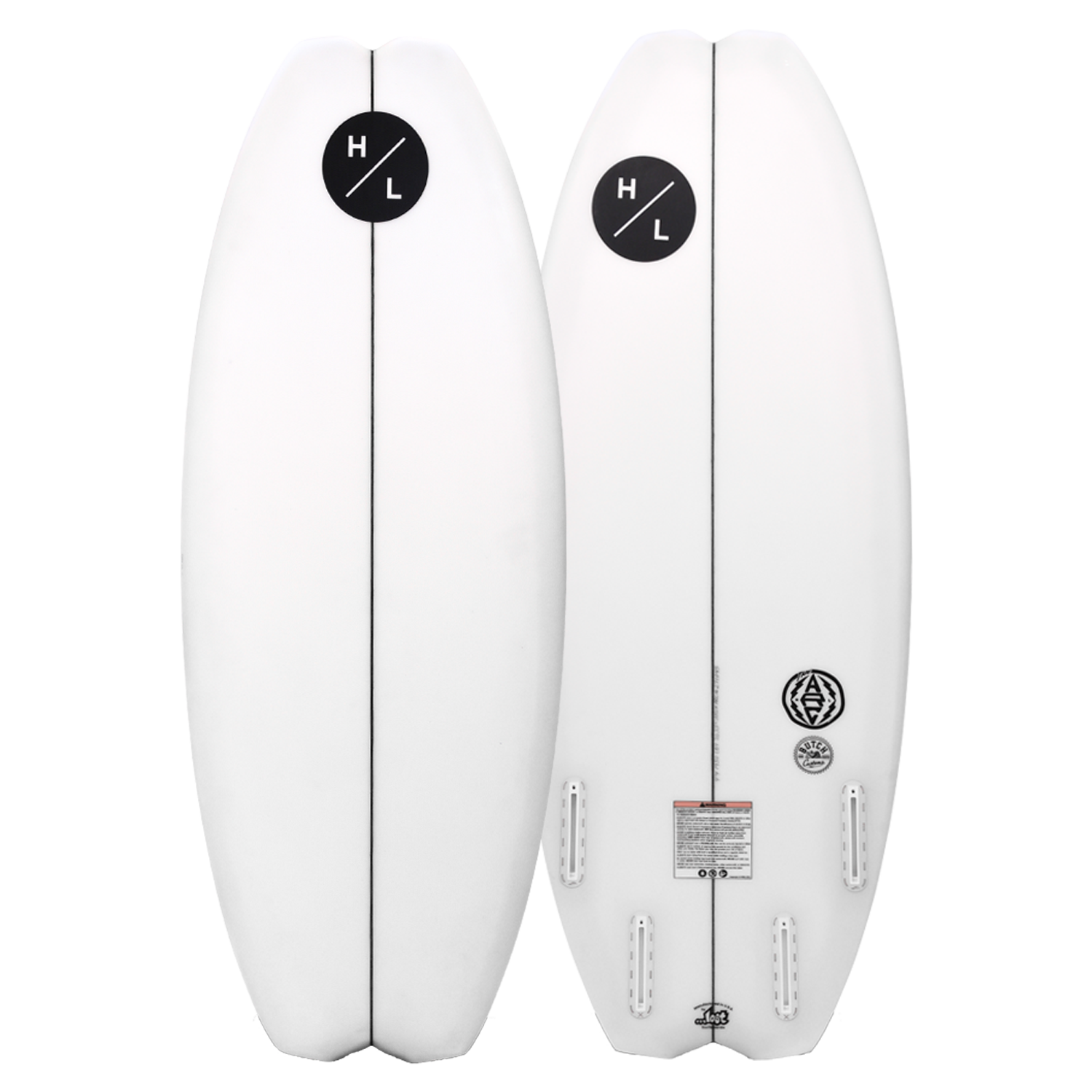 Top and base of white ARC wakeboard with black logos and multiple quad fin slots.