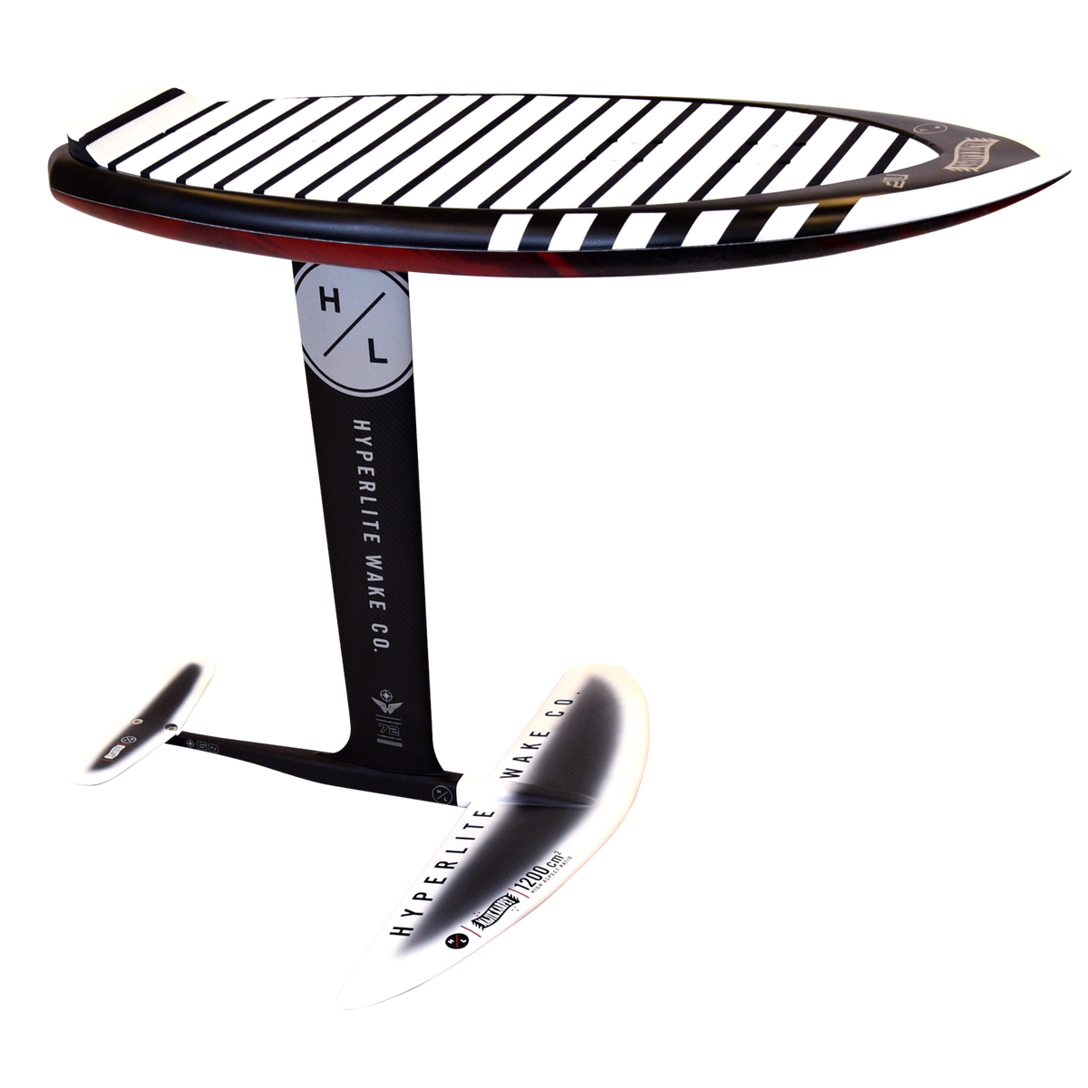 Black and white MK Carbon Foil surfboard with striped deck, branded MK Foil Assembly.