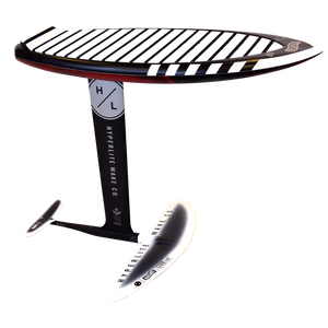 Black and white MK Carbon Foil surfboard with striped deck, branded MK Foil Assembly.