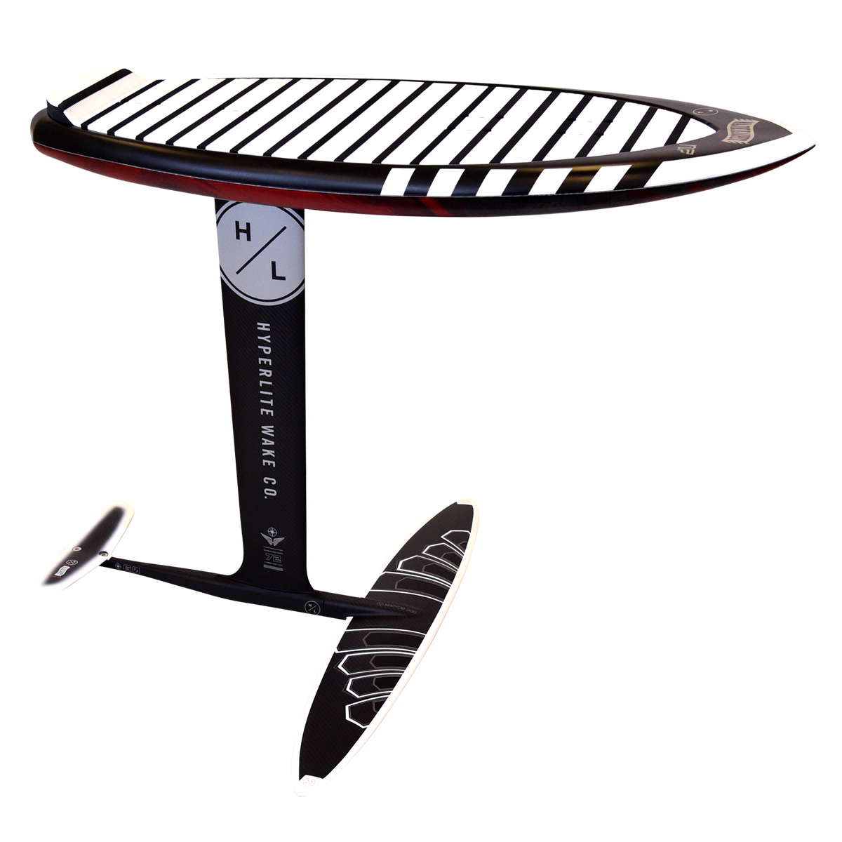 Black and white Majik Karpet surfboard with Raptor Carbon Foil Kit.