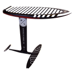 Black and white Majik Karpet surfboard with Raptor Carbon Foil Kit.