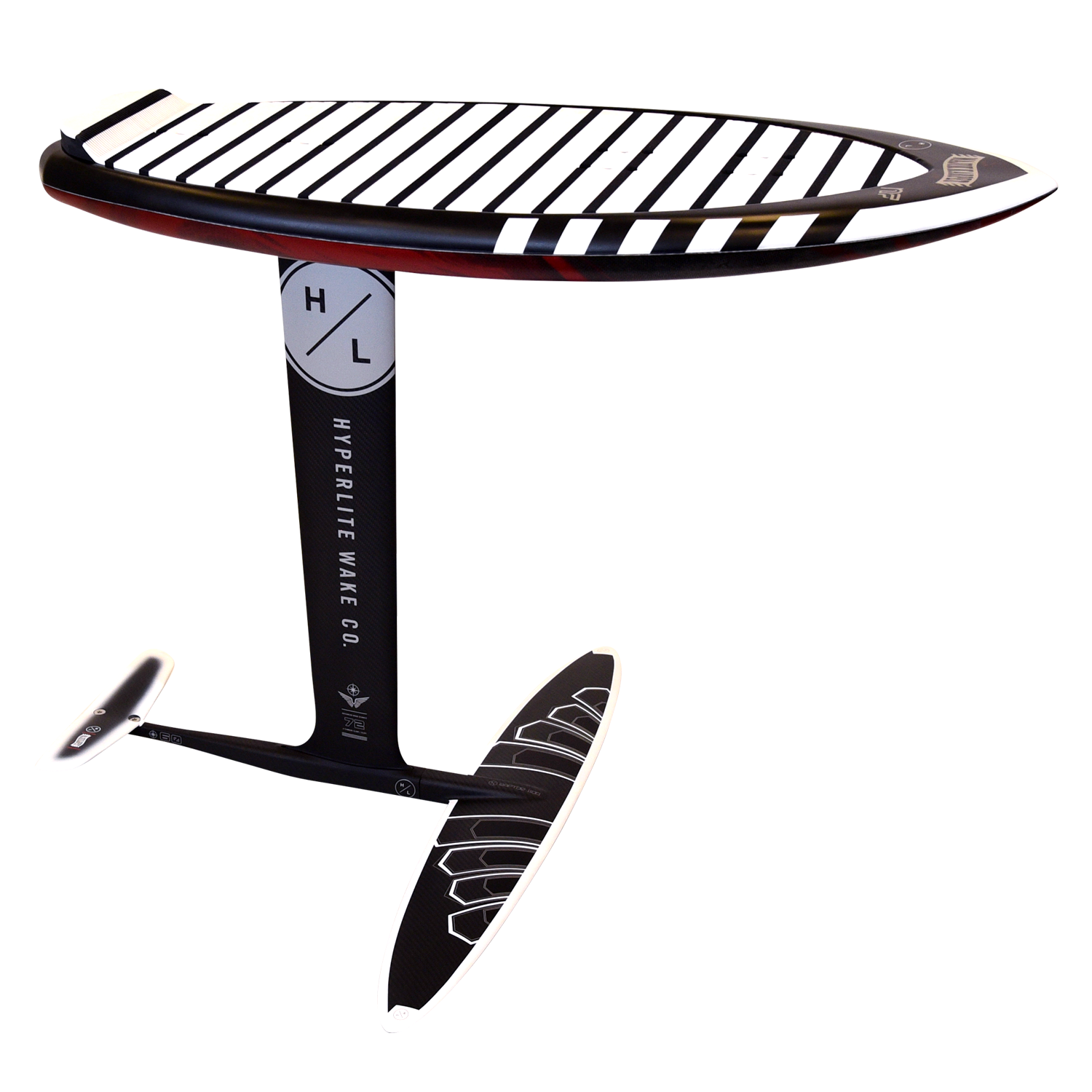 Black and white Majik Karpet surfboard with Raptor Carbon Foil Kit.