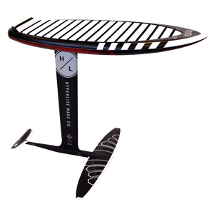 Black and white Majik Karpet surfboard with Raptor Carbon Foil Kit.