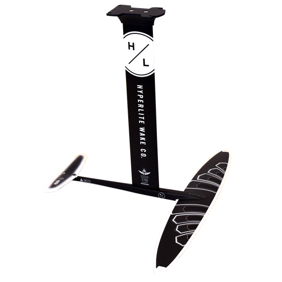 Raptor 1100 Foil Kit: Black and white hydrofoil with Hyperlite Wake Co. on the aluminum mast.