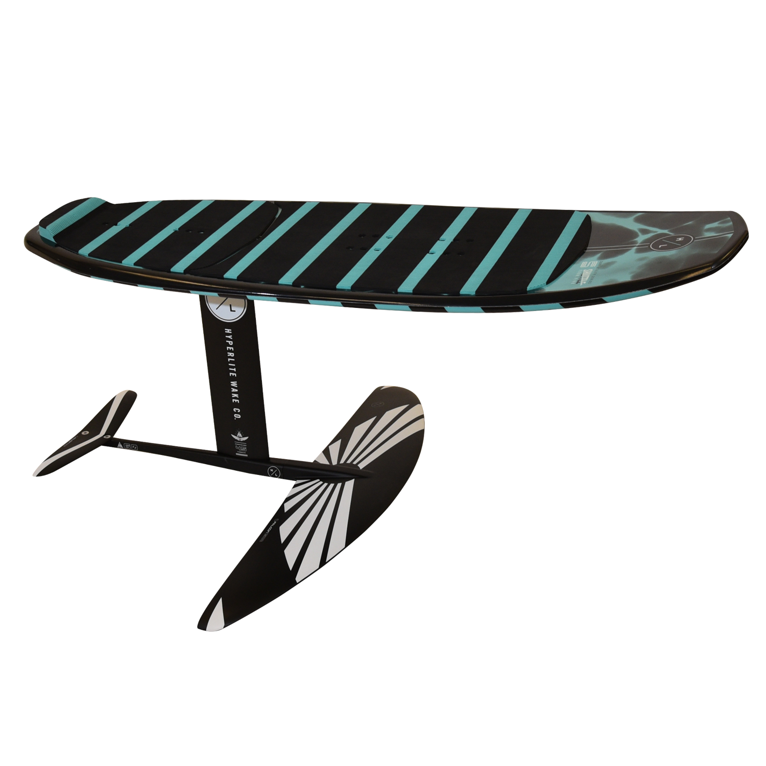 Shuttle with Falcon Foil Kit, teal/black stripe, and winged hydrofoil.
