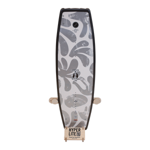 Wake& Surf Display Stand featuring black and gray abstract leaf design wakeboard.