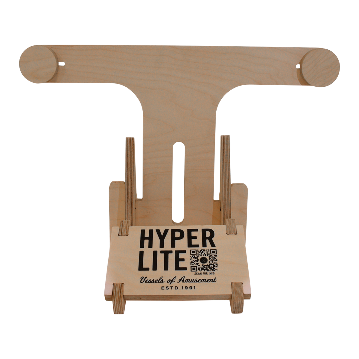 Wake& Surf Display Stand with Hyperlite logo and QR code on the base.