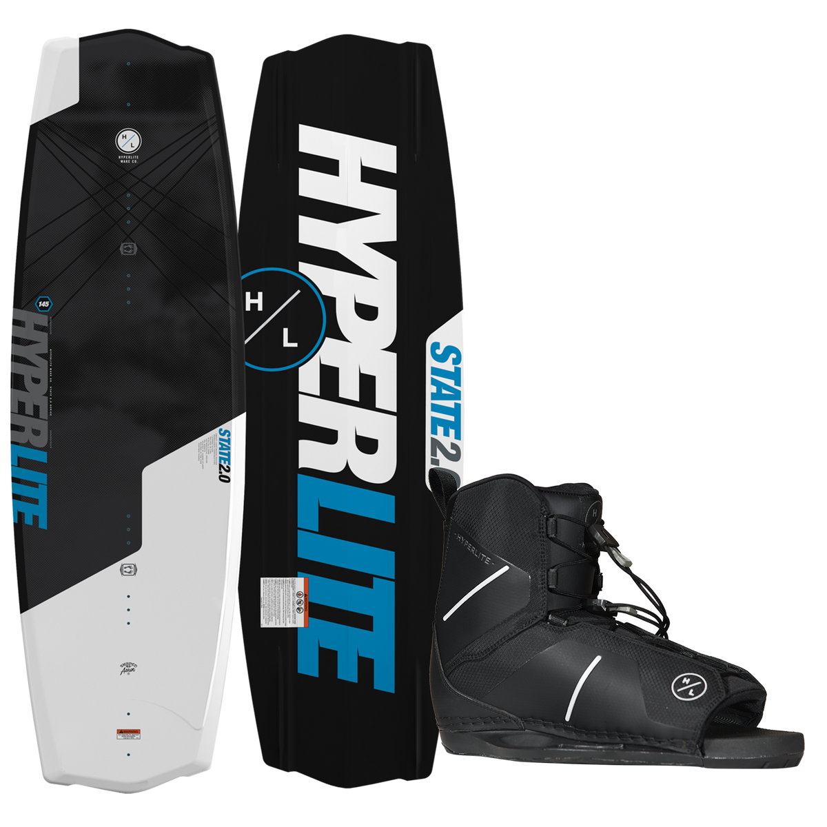 Top and bottom view of black and white State 2.0 board with blue Hyperlite text and a black Remix Binding.