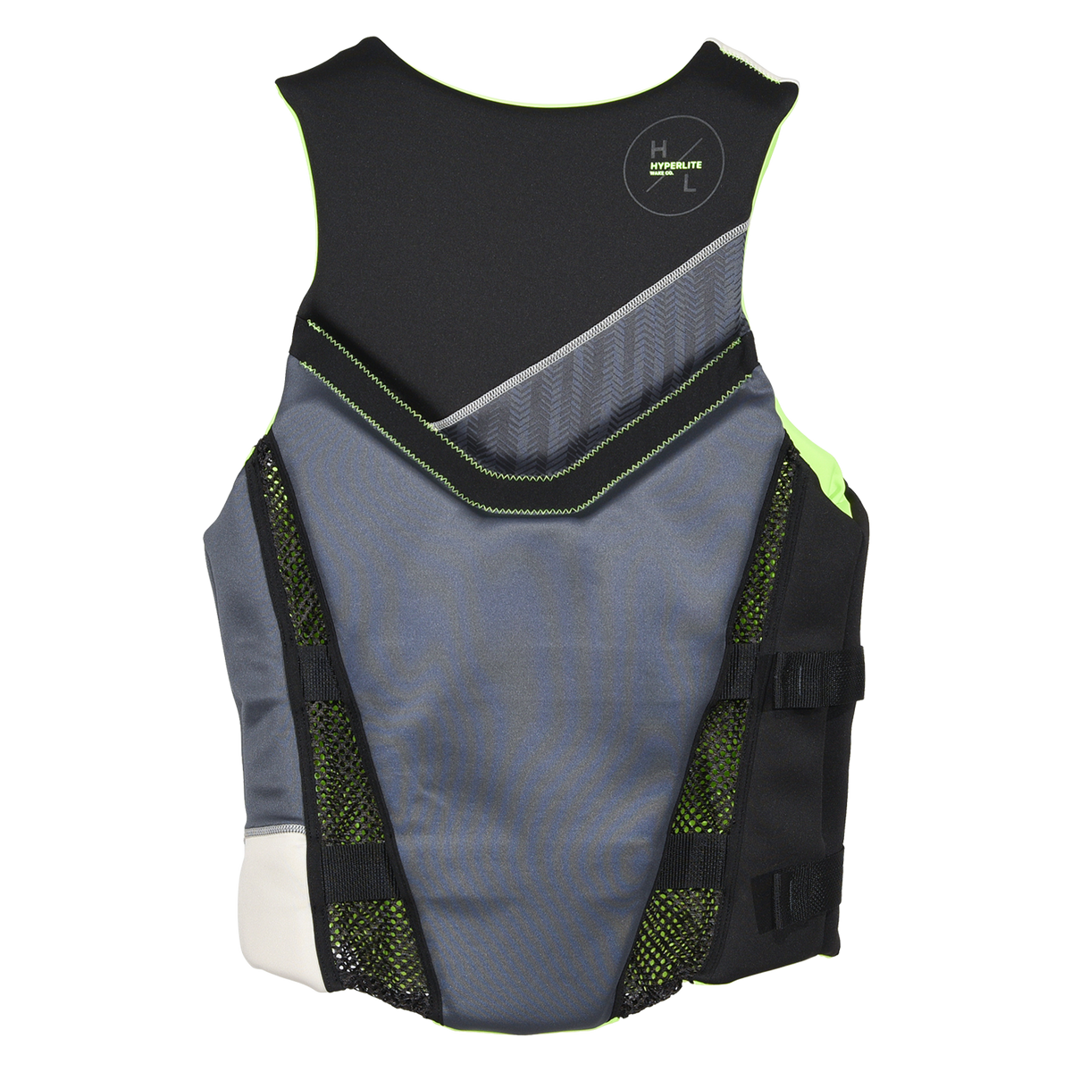 Back view of the Domain Men's life vest in black and gray, with mesh side channels and a chevron band.