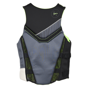 Back view of the Domain Men's life vest in black and gray, with mesh side channels and a chevron band.
