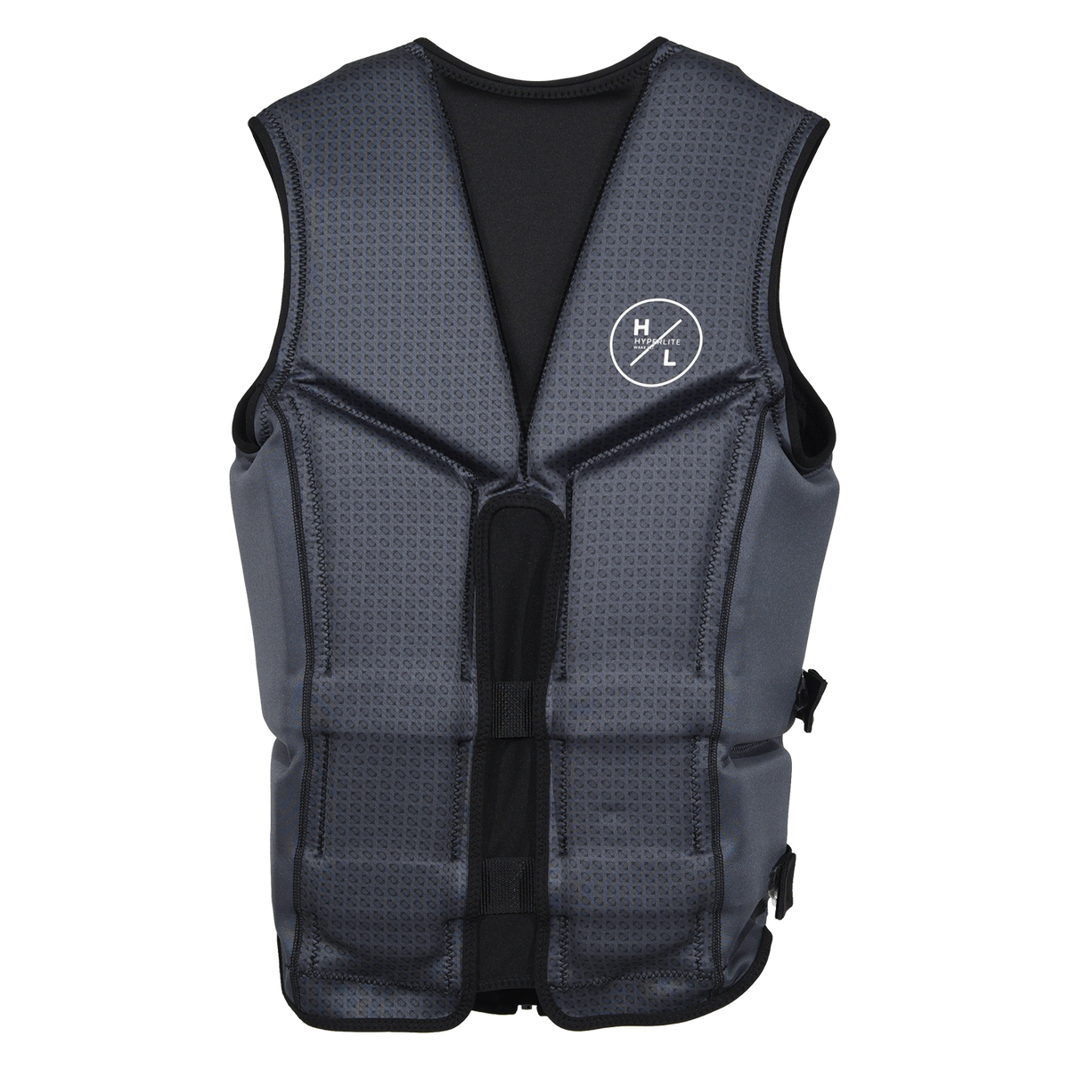 Back view of the Caliber life vest in Gray, with a geometric print, black trim, and a split back.