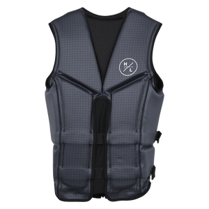 Back view of the Caliber life vest in Gray, with a geometric print, black trim, and a split back.