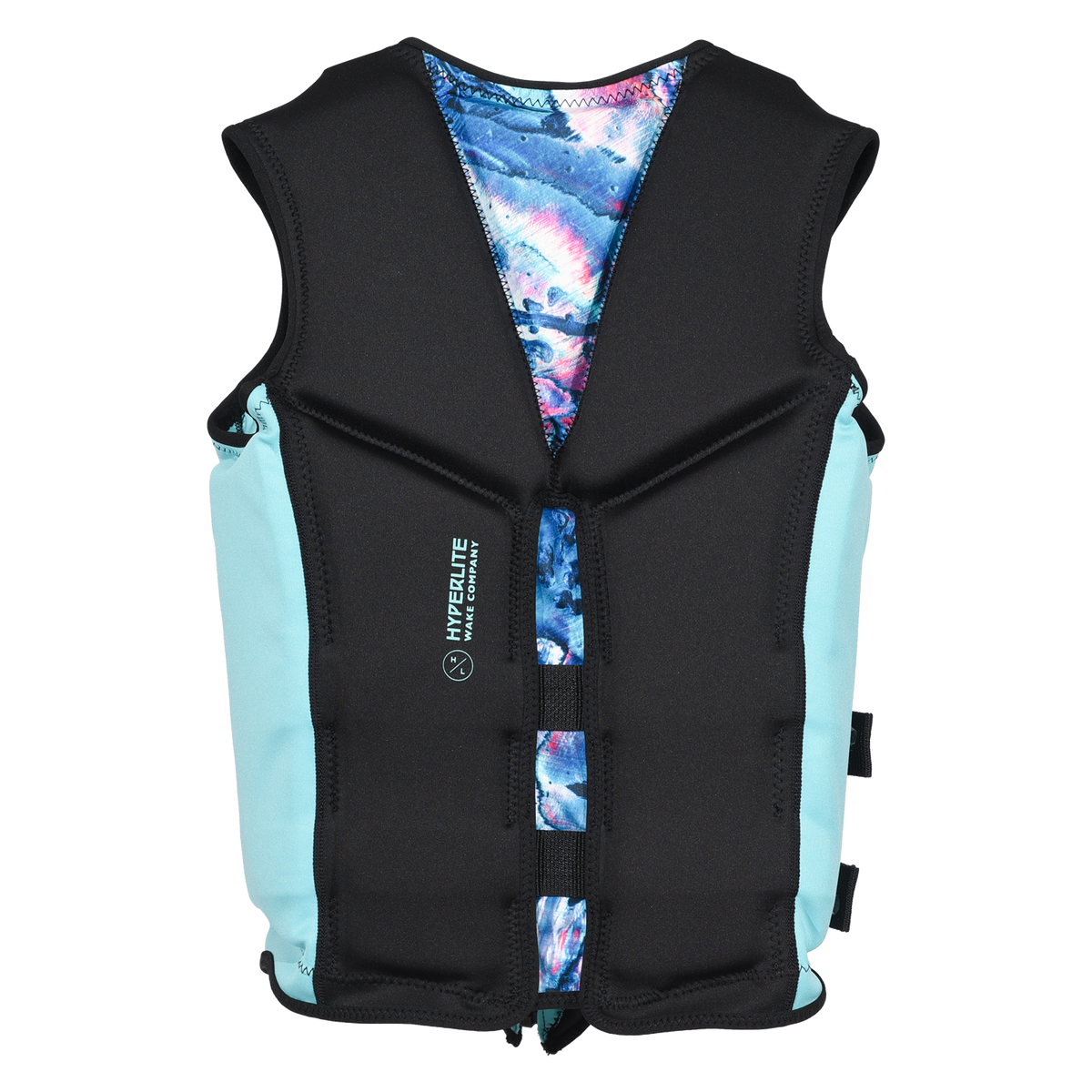 Back view of Caliber - Women's CGA Vest in black and aqua with a vertical Hyperlite logo and print accents.