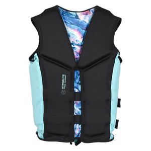 Back view of Caliber - Women's CGA Vest in black and aqua with a vertical Hyperlite logo and print accents.