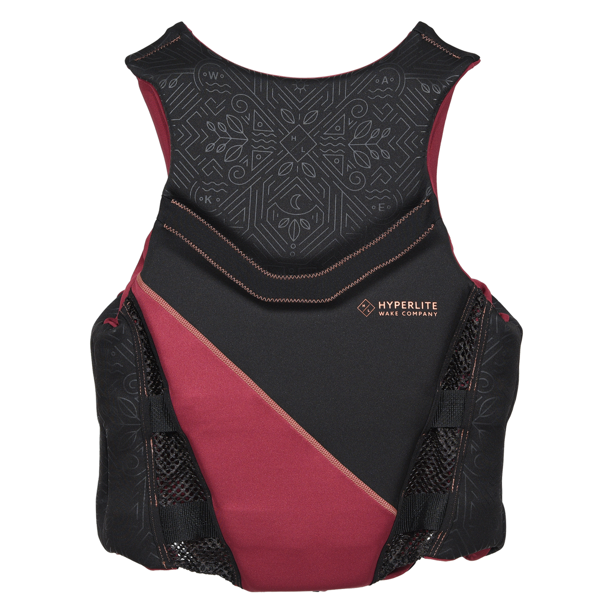 Back view of Domain - Women's CGA Vest with a geometric pattern, diagonal maroon panel and Hyperlite logo.