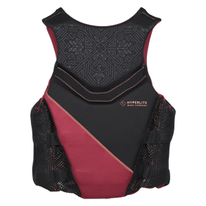 Back view of Domain - Women's CGA Vest with a geometric pattern, diagonal maroon panel and Hyperlite logo.