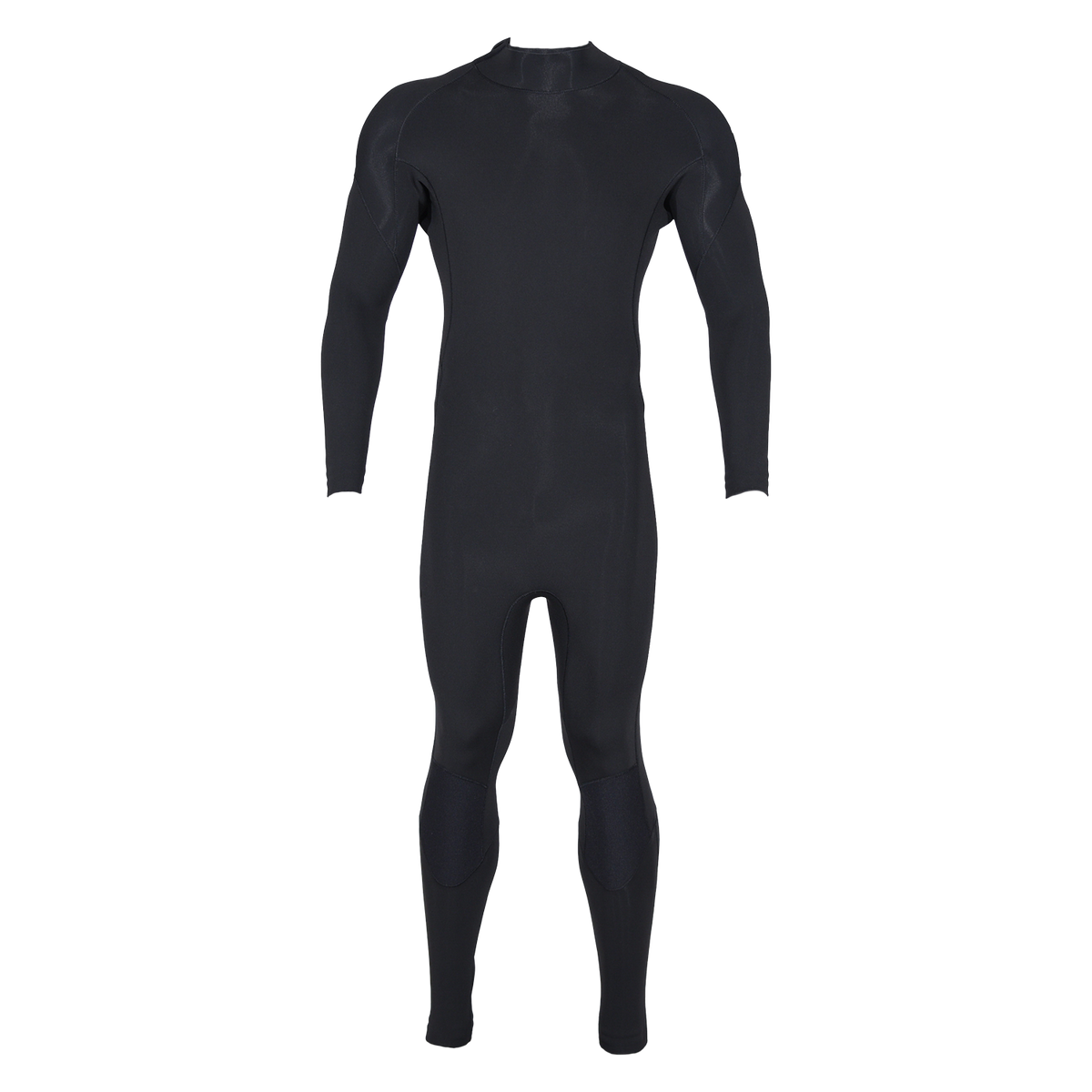 Front view of 2mm Wetsuit Full in solid black with long sleeves and legs, a high collar and knee panels.