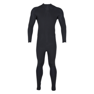 Front view of 2mm Wetsuit Full in solid black with long sleeves and legs, a high collar and knee panels.