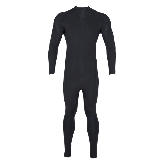 Front view of 2mm Wetsuit Full in solid black with long sleeves and legs, a high collar and knee panels.