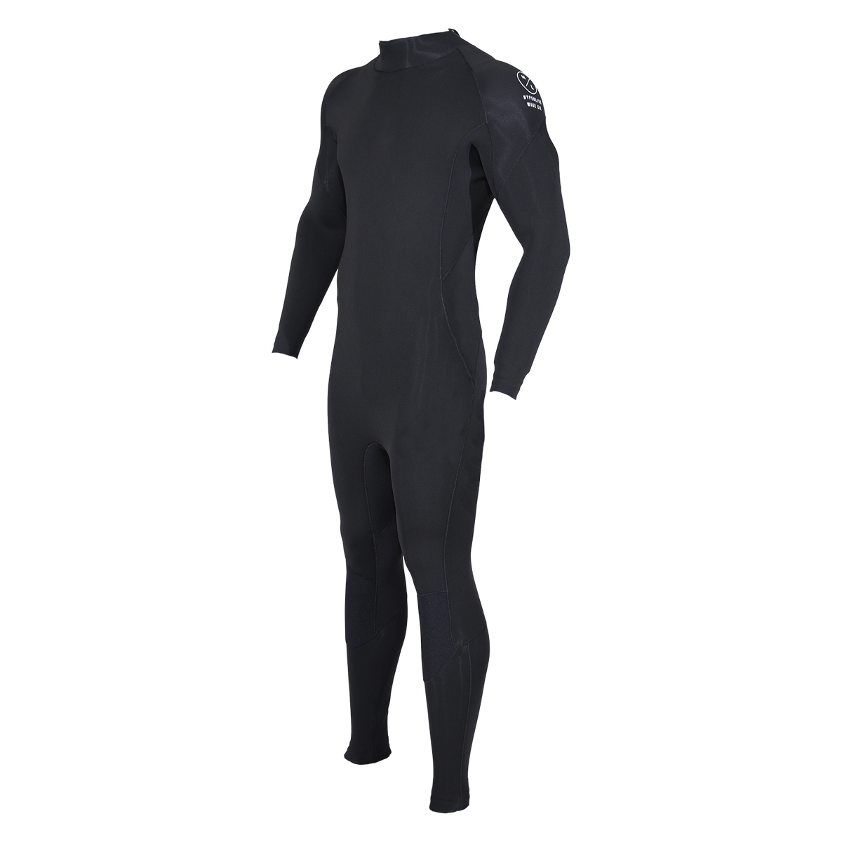 Angled front view of 2mm Wetsuit Full in black with raglan sleeves and a white Hyperlite shoulder logo.