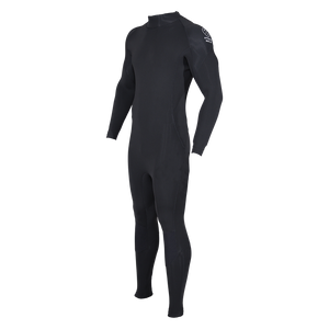 Angled front view of 2mm Wetsuit Full in black with raglan sleeves and a white Hyperlite shoulder logo.