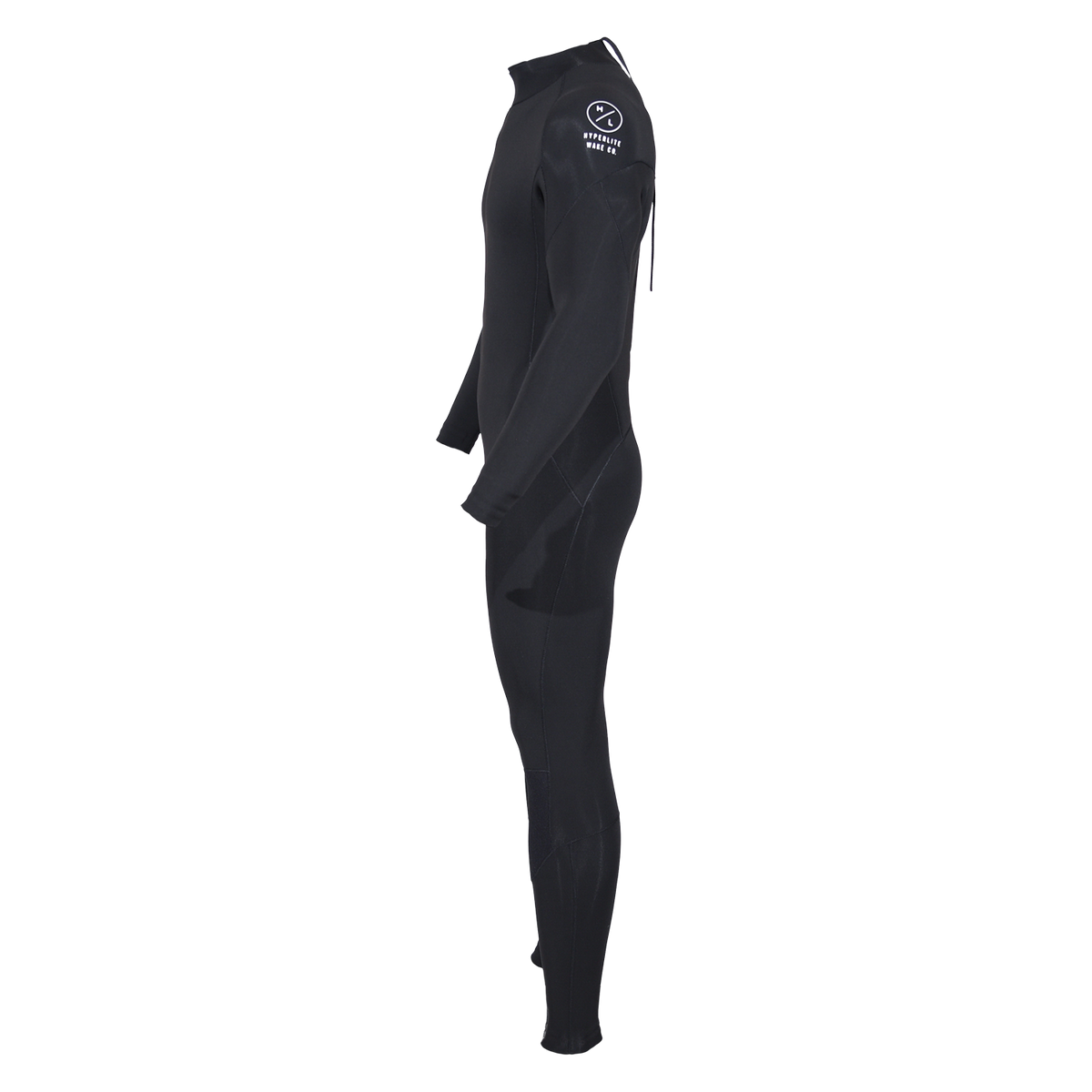 Side view of 2mm Wetsuit Full in black with a high collar and white Hyperlite Wake Co. logo on the shoulder.
