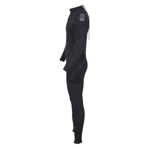Side view of 2mm Wetsuit Full in black with a high collar and white Hyperlite Wake Co. logo on the shoulder.