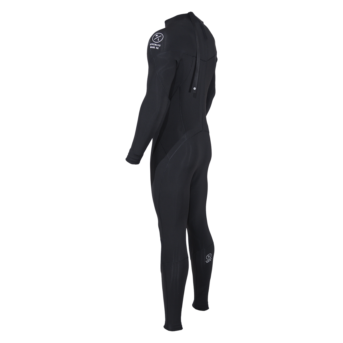 Angled back view of 2mm Wetsuit Full in black with a back zipper, Hyperlite shoulder logo and a calf logo.