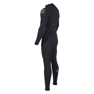 Angled back view of 2mm Wetsuit Full in black with a back zipper, Hyperlite shoulder logo and a calf logo.