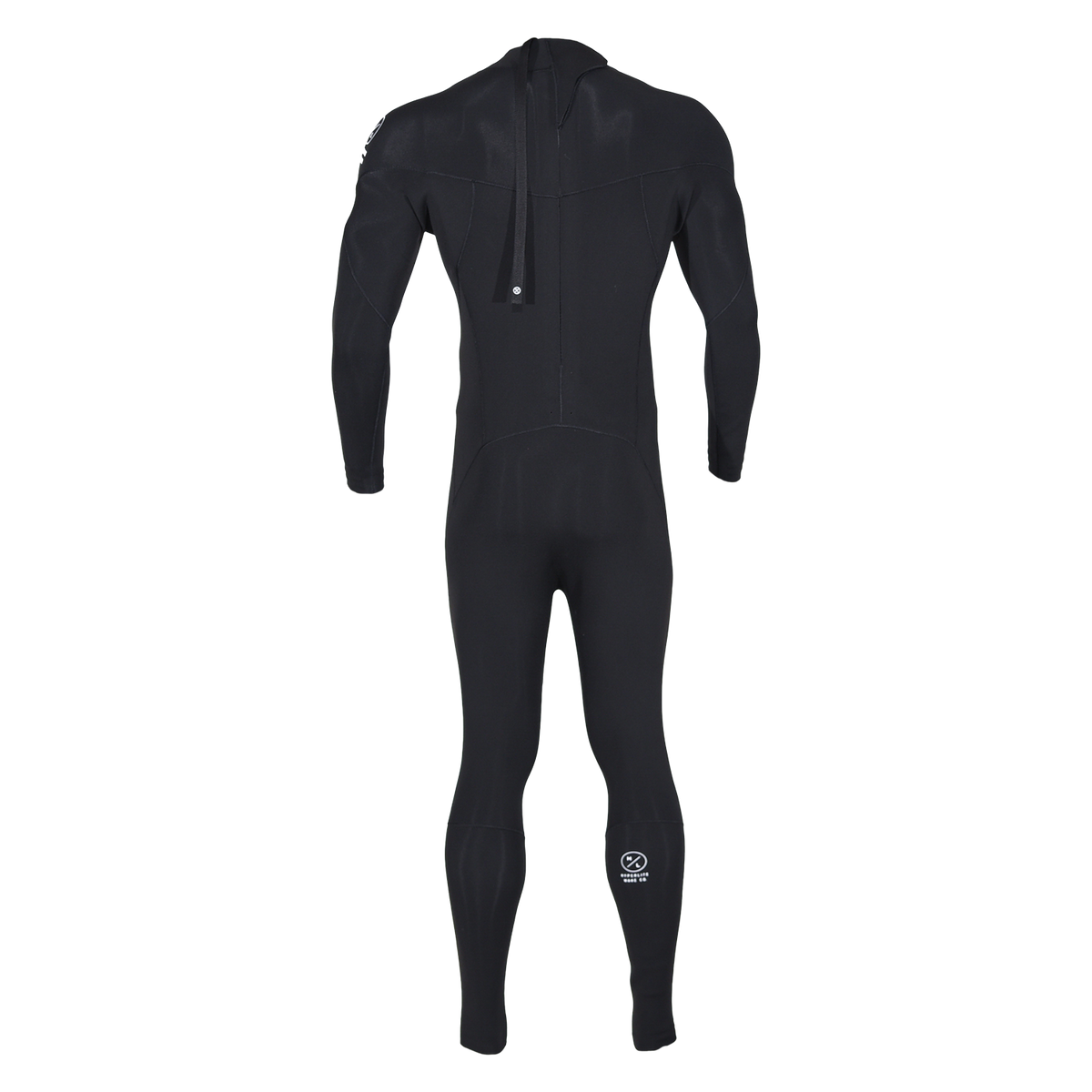 Back view of 2mm Wetsuit Full in black with a back zipper, long pull cord and a white Hyperlite calf logo.