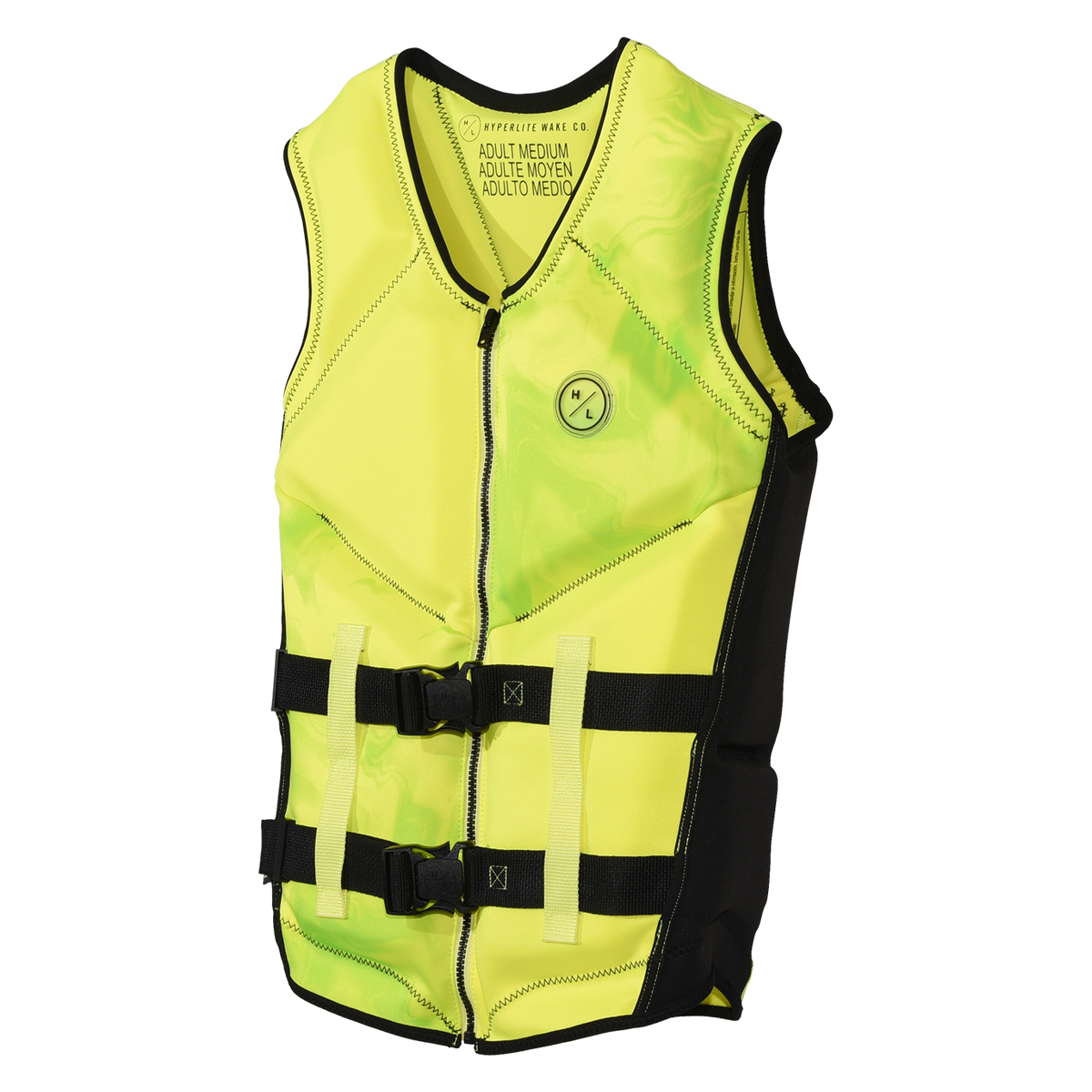 Angled front view of the Caliber life vest in Hi-Viz, showing black side panels and two buckle straps.