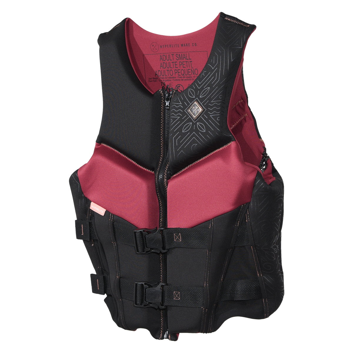 Angled front view of Domain - Women's CGA Vest showing its maroon lining and diamond chest emblem.