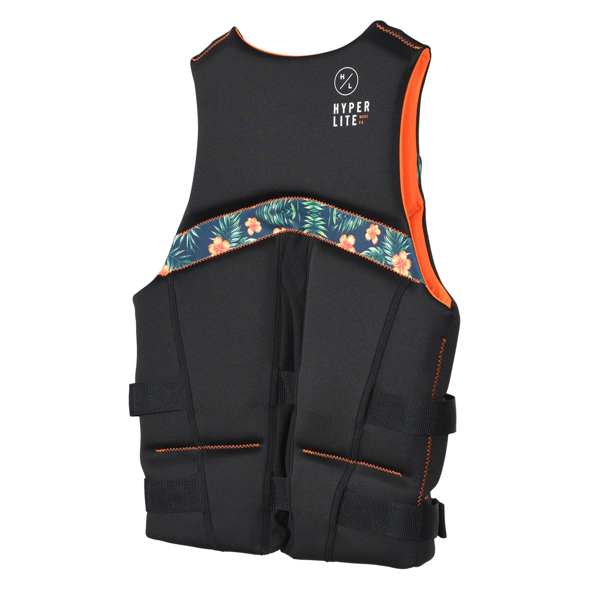 Angled back view of Logic - Men's CGA Vest Orange Hawaiian showing its floral band and orange side lining.