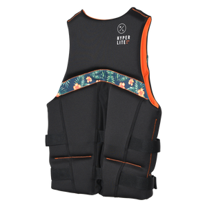 Angled back view of Logic - Men's CGA Vest Orange Hawaiian showing its floral band and orange side lining.