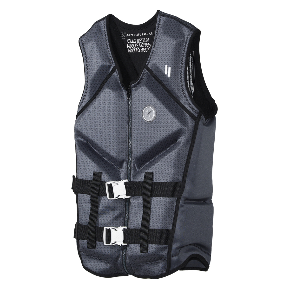 Angled front view of the Caliber life vest in Gray, showing smooth side panels and two white buckles.