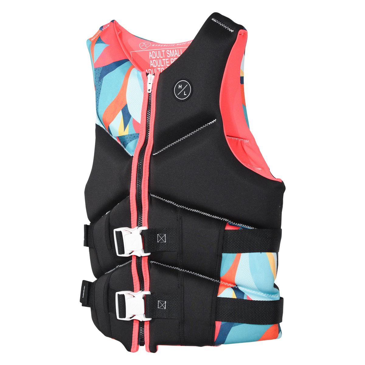 Angled front view of Logic - Women's CGA Vest Flame with coral zipper trim, coral lining and aqua side print.