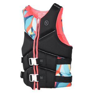 Angled front view of Logic - Women's CGA Vest Flame with coral zipper trim, coral lining and aqua side print.