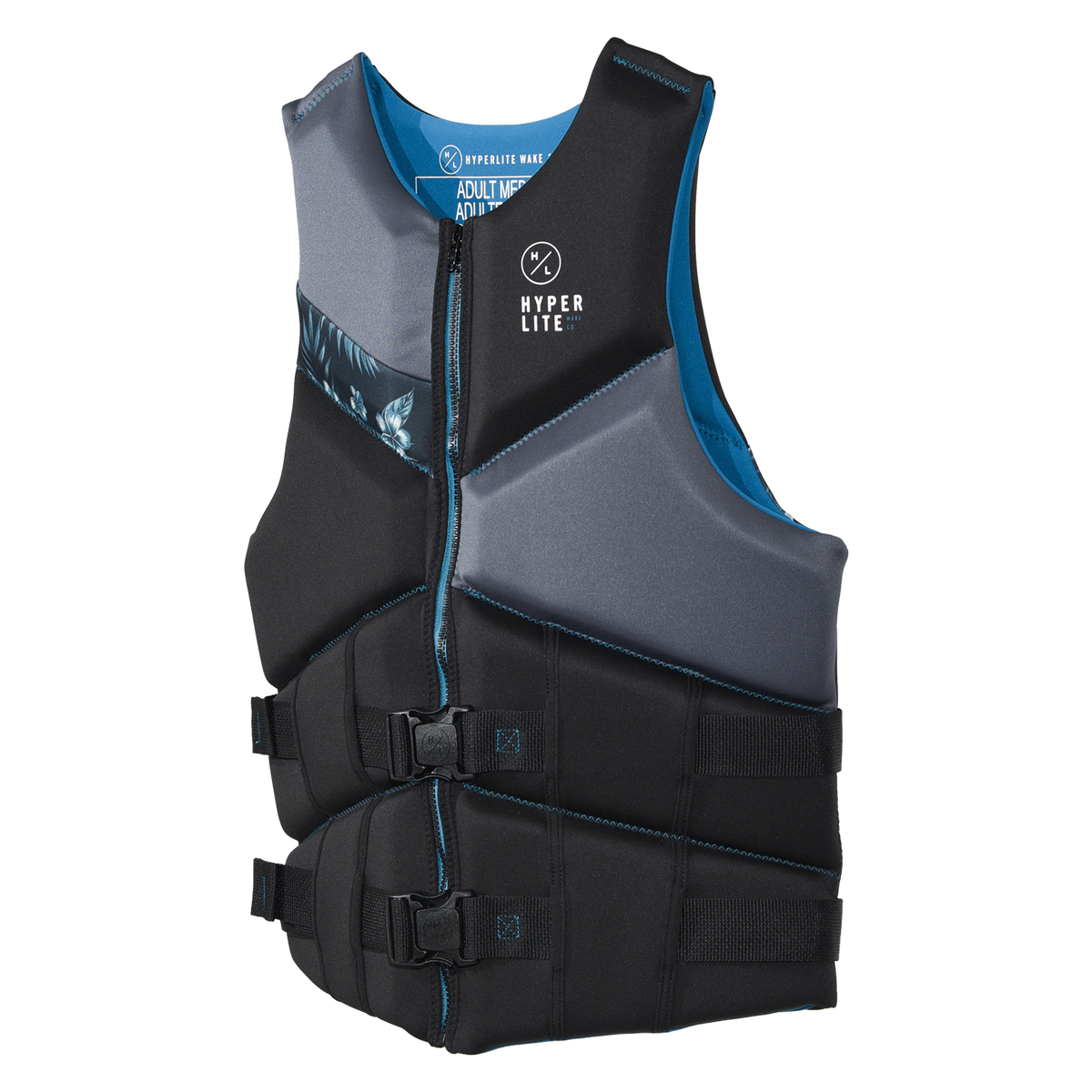 Angled front view of Logic - Men's CGA Vest Blue Hawaiian showing its blue lining and two front buckles.