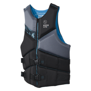 Angled front view of Logic - Men's CGA Vest Blue Hawaiian showing its blue lining and two front buckles.