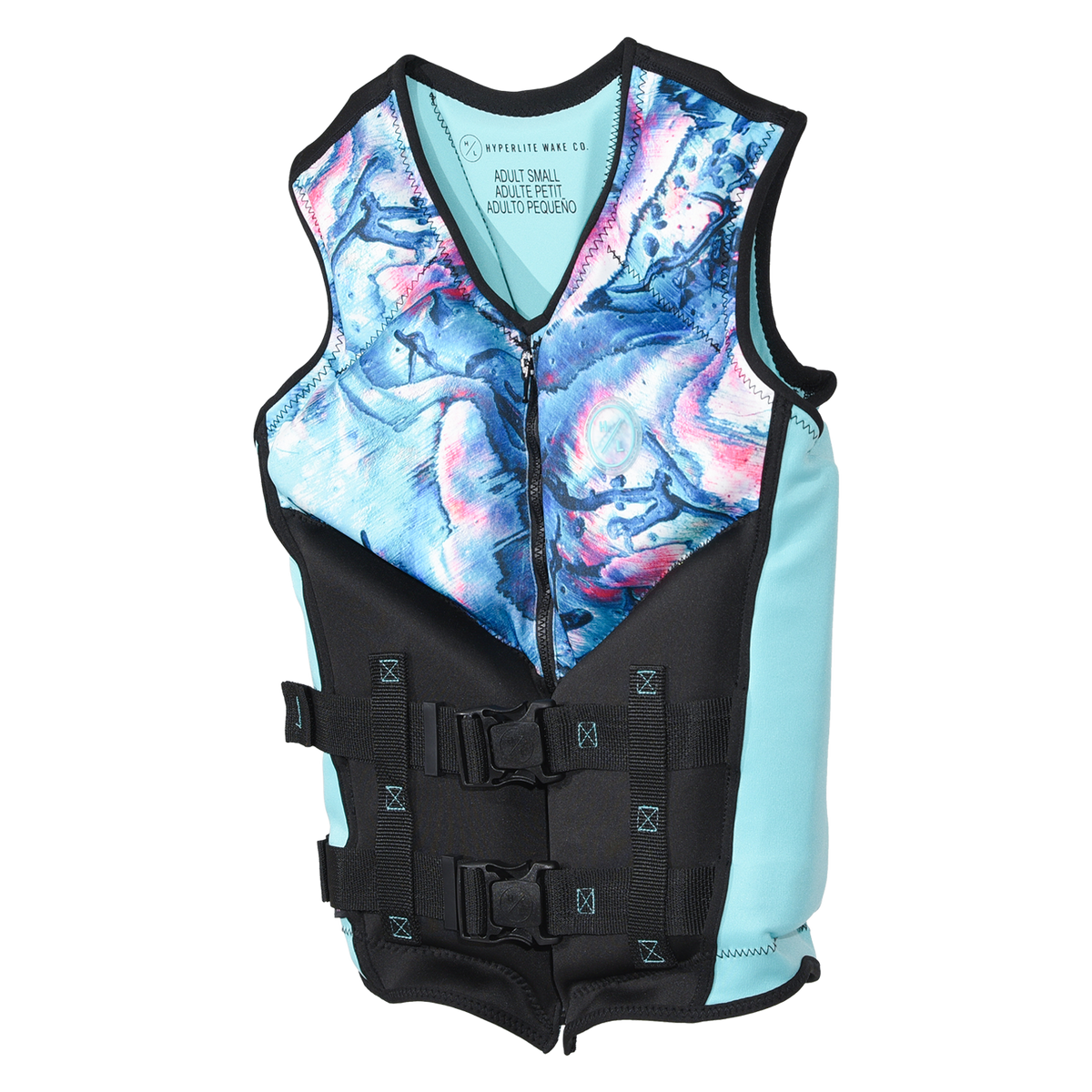 Angled front view of Caliber - Women's CGA Vest showing its aqua side panel and two front buckle straps.