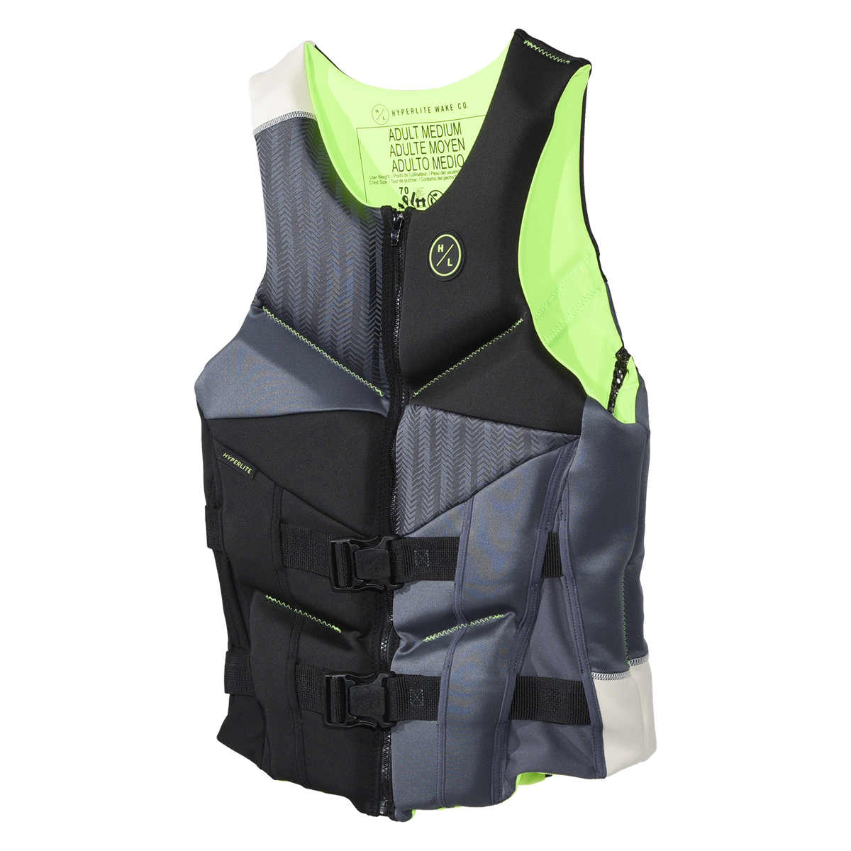 Angled front view of the Domain Men's life vest, showing lime armholes and a cream shoulder accent.