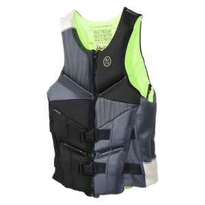 Angled front view of the Domain Men's life vest, showing lime armholes and a cream shoulder accent.