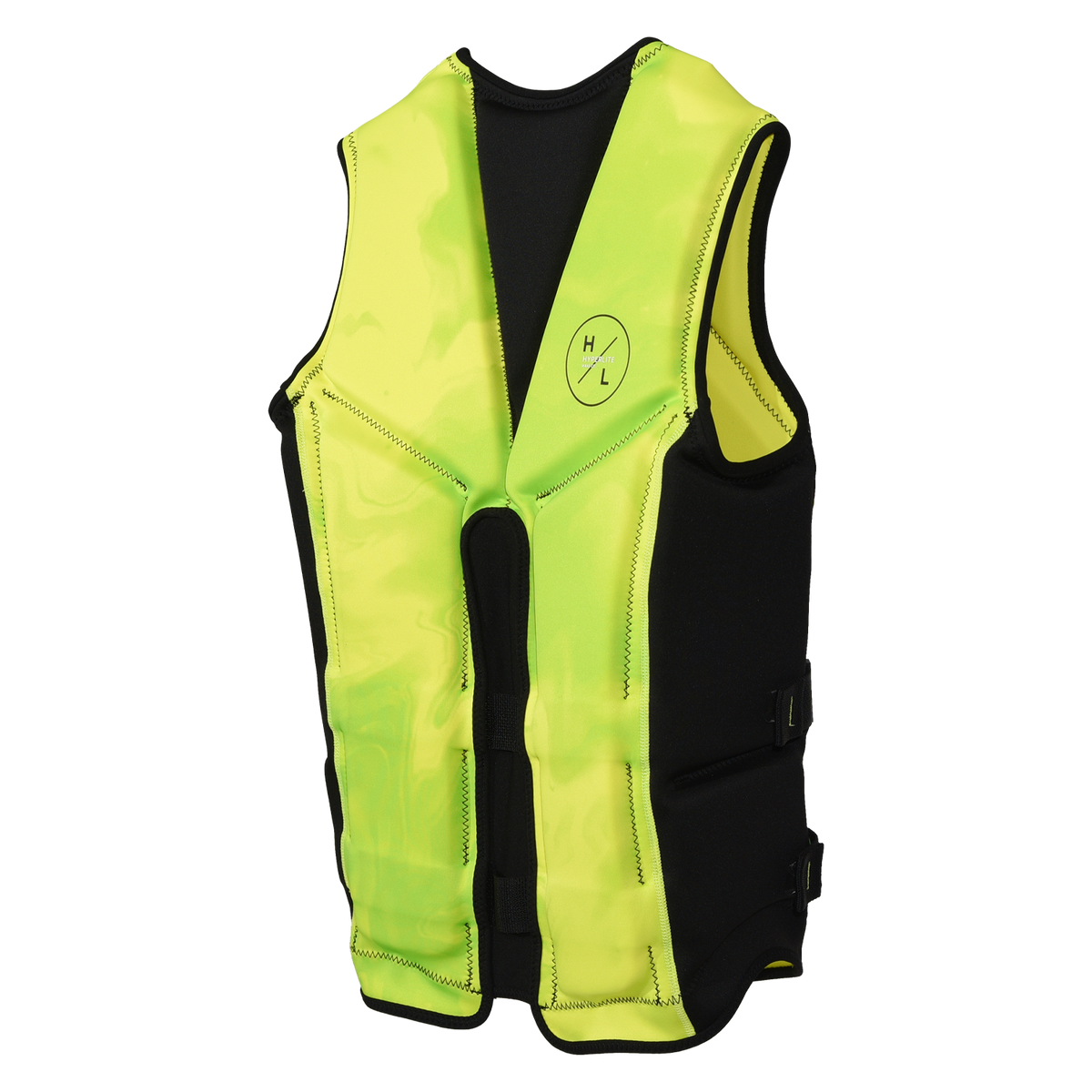 Angled back view of the Caliber life vest in Hi-Viz, with a split back and black side strap tabs.