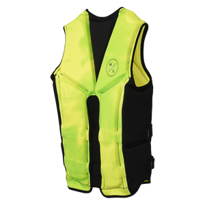 Angled back view of the Caliber life vest in Hi-Viz, with a split back and black side strap tabs.